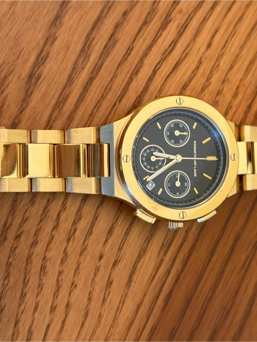 Kenneth Jay Lane Gold Tone Watch with Black Dial and Subdials